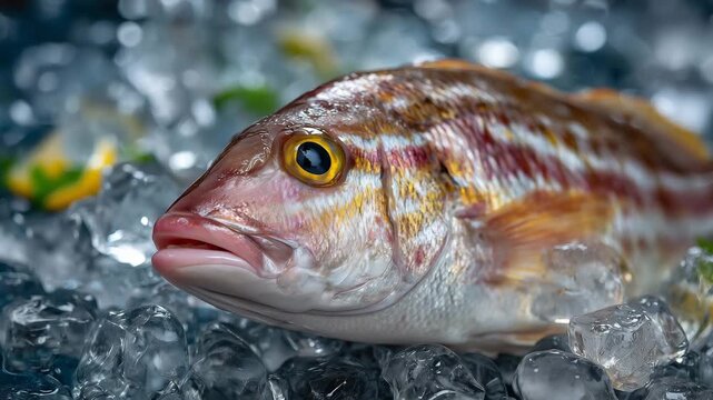 362Fresh snapper with ice, scales glowing under bright light, small puddles forming around fish, clean and fresh look
