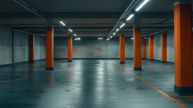 Empty underground parking garage featuring a grid of bright orange columns and illuminated fluorescent lights, creating a sense of urban isolation and vastness