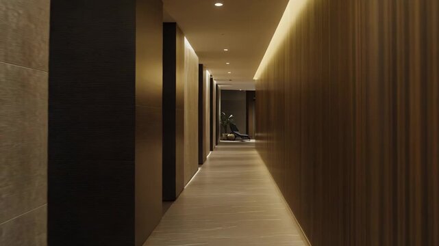 Long elegant hallway with textured stone walls and warm wood paneling, subtle indirect lighting and clean minimalist design creating a tranquil, upscale ambiance for residential or hotel interiors
