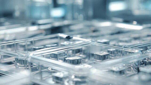 Transparent plastic containers and microplates showing intricate details of advanced electronic components, symbolizing innovation and high tech production in science and biotechnology settings