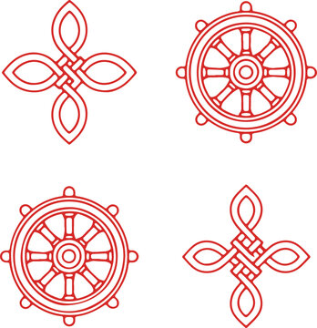 Traditional symbols of dharma wheel and lotus flower intertwined designs in red line art