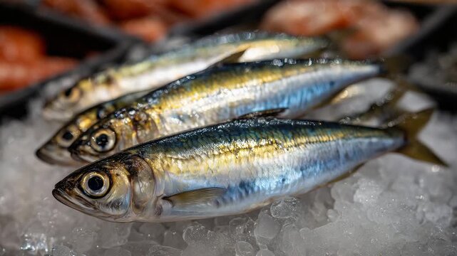 366Freshly caught herring laid on ice, metallic sheen and silver scales glinting, neat arrangement in market context