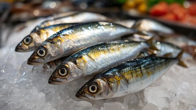 371Freshly caught herring laid on ice, metallic sheen and silver scales glinting, neat arrangement in market context