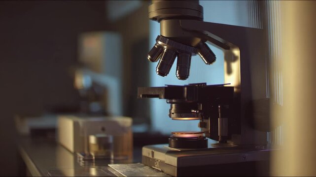 Scientific microscope stands ready for research, examining samples on a slide within a modern laboratory, highlighting precision optics and biotechnological advancements