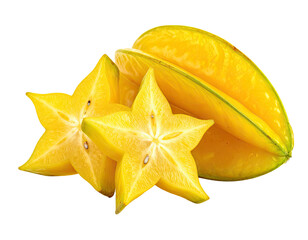 Fototapeta premium Bright yellow star-shaped fruits, some sliced showing seeds