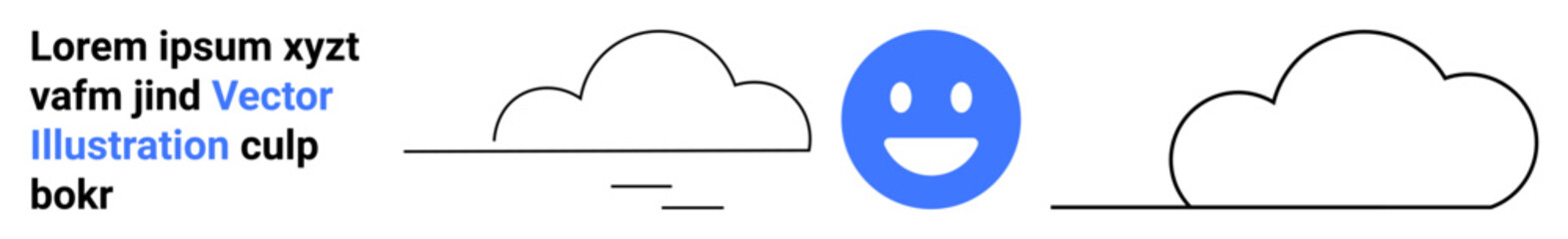 Obraz premium Weather forecast, digital communication, minimal design, positivity, creative layouts, graphic design concepts. Outlined clouds with a blue smiling face icon and placeholder text. Weather forecast