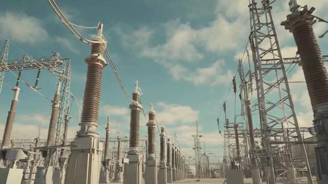 Electrical power substation with rows of large ceramic insulators and overhead high voltage wires connecting to metal structures, forming an essential energy delivery network under a cloudy sky