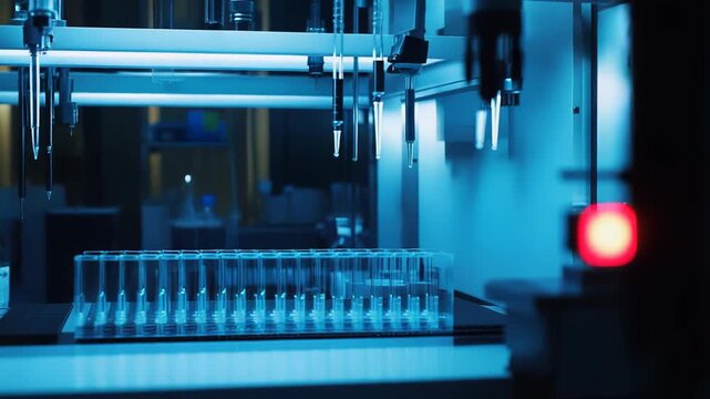 Automated robotic system working on a high throughput liquid handling task, precisely pipetting chemical solutions into multiple sample tubes during research and development