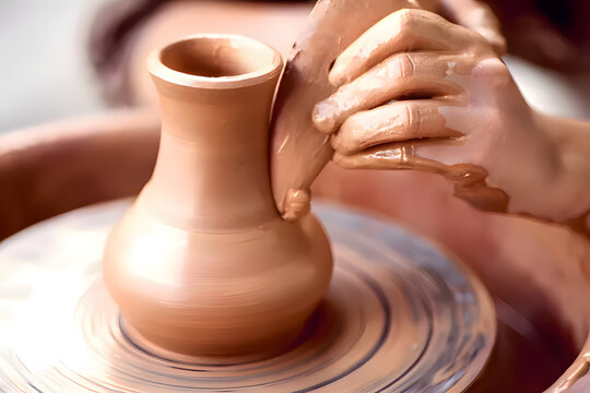 Handcrafted Pottery Texture Close-up of a hand shaping wet clay on a pottery wheel, pulling up the wall of a unique, artisanal ceramic bowl. Focus is on the texture of wet clay and Hand movement