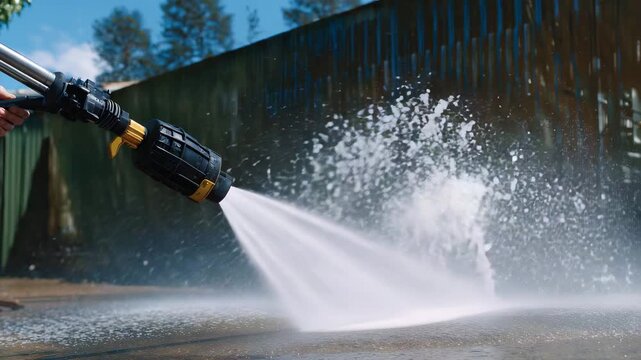 Close-up of a power washing machine spraying a high-pressure water jet onto a dirty house wall, droplets flying off textured siding, mist catching sunlight, detailed water flow and