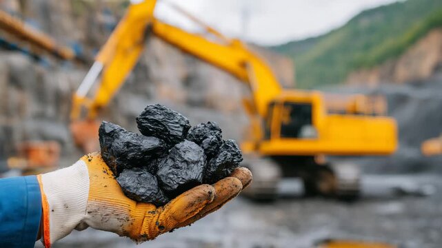 Close-up of a worker&rsquo;s gloved hand holding a handful of raw black coal at an active industrial mine, jagged coal fragments with matte and glossy textures, fine coal dust coating th