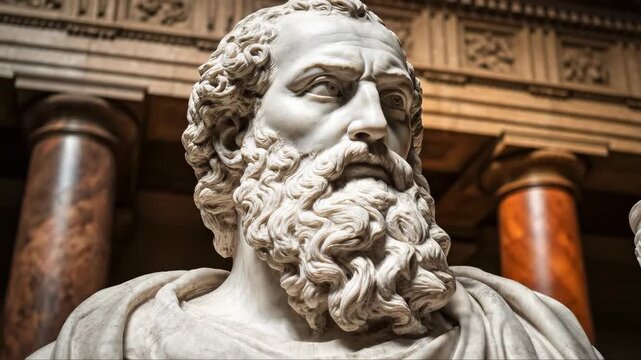 Ancient marble sculpture depicting a wise, bearded man, a timeless symbol of classical philosophy, deep intellect, and enduring sagacity within a stately architectural setting.