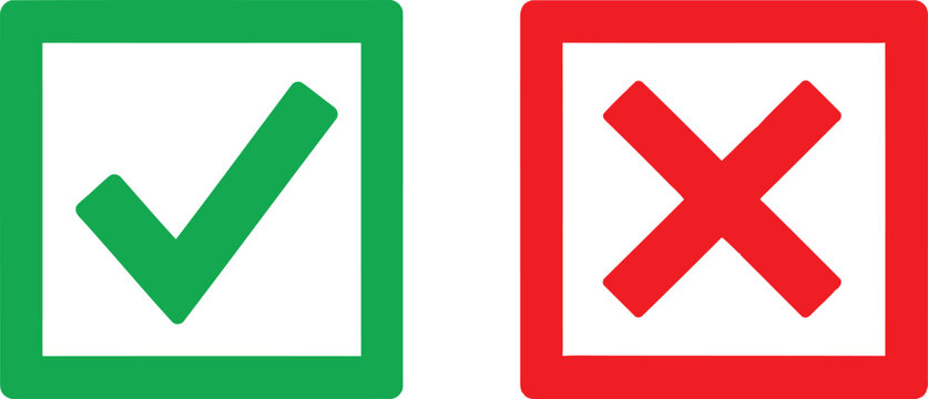 A green check mark and a red cross symbol representing correct and incorrect choices on white Vector