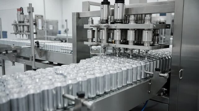 Medium shot of conveyor system delivering cans to multihead fillers showcasing seamless automated filling and packaging in a modern production line.