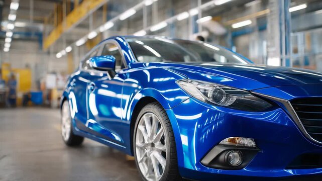 Professional car painting during quality inspection stage, car resting inside spray booth after coating, smooth reflective surface, attention to body repair excellence, vehicle mai