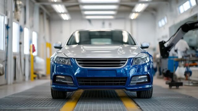 Professional car painting during final coating stage, car positioned centrally in spray booth, uniform paint coverage, clean white walls and ventilation grids, focus on craftsmansh