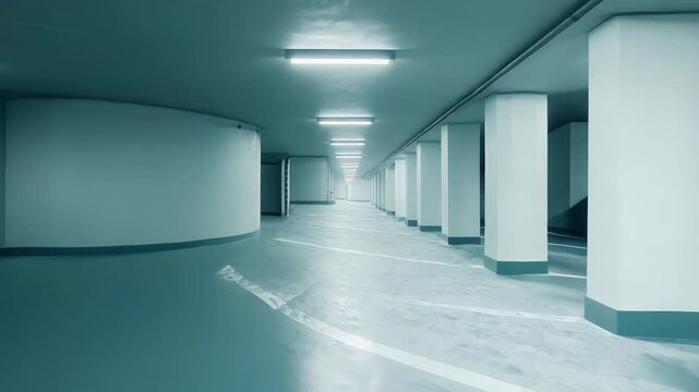 Empty underground parking garage with concrete columns and fluorescent aqua lights casting reflections on a polished floor, evoking quiet, solitary, liminal urban architecture