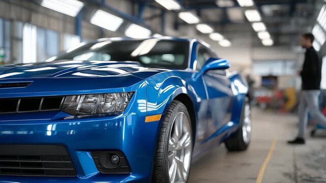 Professional car painting in a specialized spray booth, freshly painted car body reflecting booth lights, flawless finish, vehicle maintenance and restoration theme, industrial wor