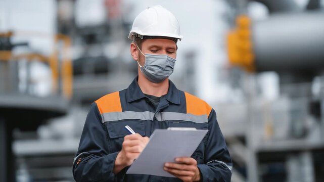 Routine inspections and scheduled service activities foundation, engineer performing visual inspection on pipelines, high-tech equipment and safety gear visible, proactive maintena