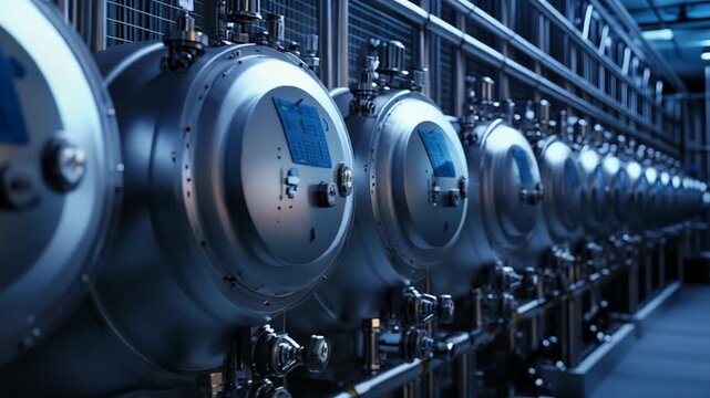 Quantum processor modules lining a futuristic data center, symbolizing advanced technology, scientific innovation, and the future of computing and artificial intelligence