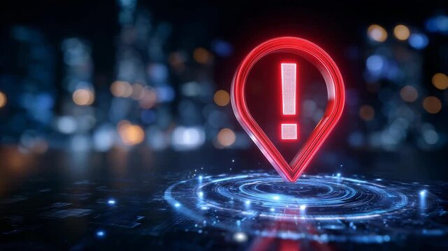 Server alert with glowing red exclamation mark symbol, digital interface with animated exclamation mark and flashing warning elements, technical emergency visualization for system