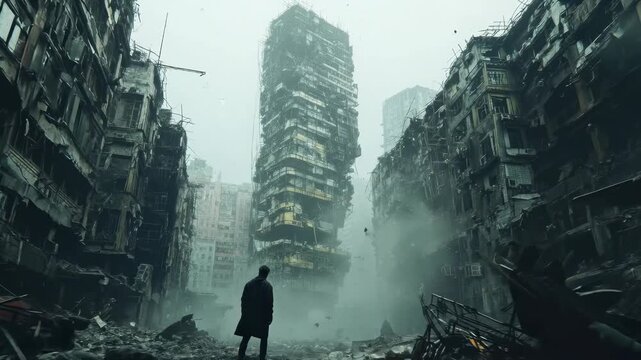 A solitary traveler navigates a desolate cityscape, immense ruined buildings line the debris filled street under a heavy, overcast sky, reflecting a post disaster world.