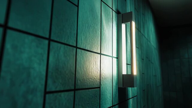 Modern architectural design featuring a textured wall with rectangular panels, illuminated by a linear lamp creating dramatic light and shadow, highlighting an abstract, minimal interior