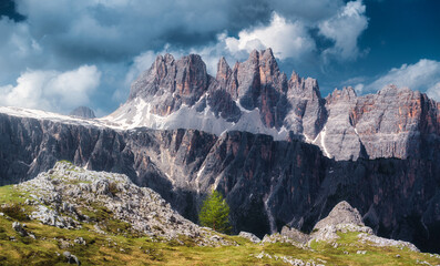 Naklejka premium Beautiful alpine mountains in summer evening in Dolomites, Italy. Colorful landscape with mountain peaks, rocks, tree, trail, green grass, dramatic blue sky with clouds. Nature. Alps in spring