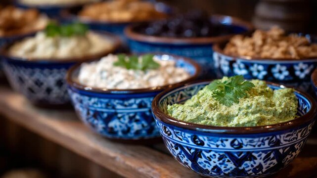 Traditional paste condiments in cultural bowls arrangement, shallow depth of field emphasizing paste textures, cultural pottery with intricate designs, neat condiment organization