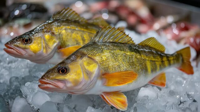 360Fresh perch on crushed ice, orange-gold scales sparkling, professional fish market presentation, ice and water droplets highlighted
