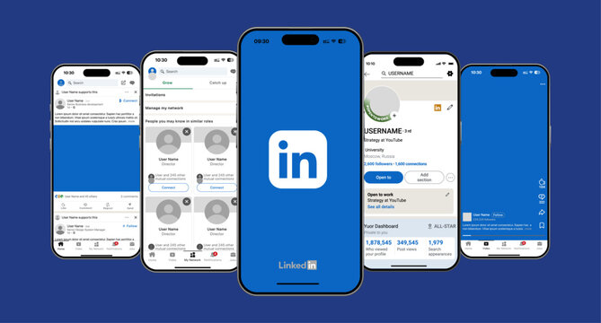 LinkedIn UI mockup template. LinkedIn profile, job feed, post layout, and connection request system for versatile design and user experience.