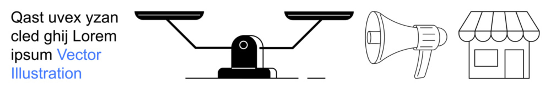 Business strategy, online marketing, retail solutions, advertising, ecommerce, decision-making. Balance scale, megaphone and storefront icons in black outline. Business strategy and online marketing