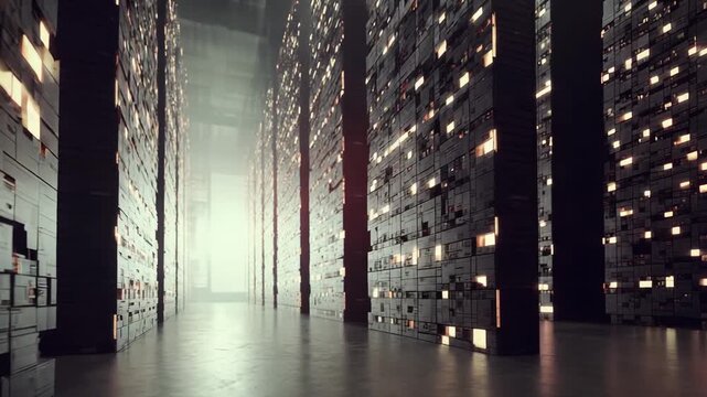 Modern server racks standing in rows with glowing lights, creating an abstract vision of digital data storage and advanced technology within a data center