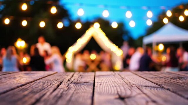 An empty rustic wooden table with a blurred outdoor market and string lights behind.	