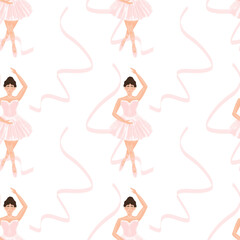 Fototapeta premium Seamless hand-drawn pattern featuring a brunette ballerina dancing with a flowing ribbon. Elegant, romantic design for ballet schools, textiles, packaging, and creative projects.