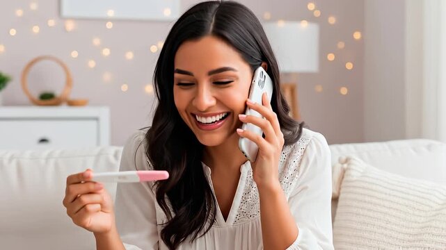 Smiling young woman holding positive pregnancy test and talking on smartphone on sofa