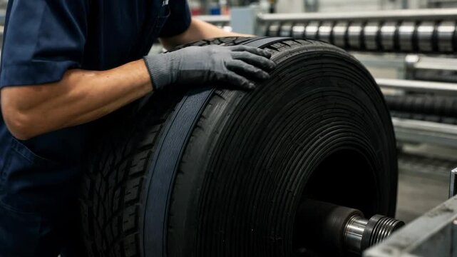 Technician skillfully constructing SUV tire belts and plies on a rotating drum capturing the detailed layering process in a modern factory setting.