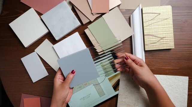 Designer selecting color samples and stone materials for interior project in Dubai studio