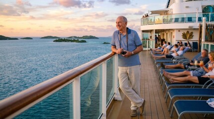 Fototapeta premium Elderly man enjoying sunset on cruise ship deck by the ocean. Retiree on cruise ship