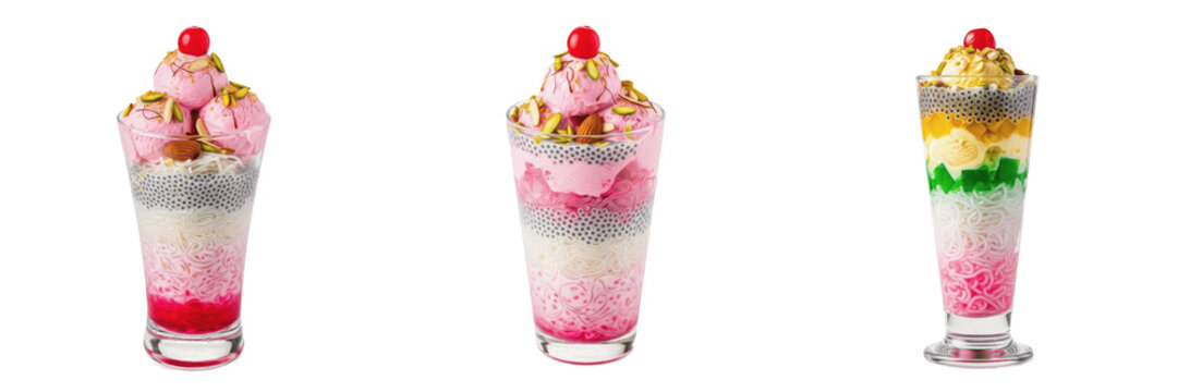 Authentic Royal Falooda Collection - Refreshing Indian Dessert with Rose Syrup, Vermicelli, Basil Seeds, and Ice Cream, Traditional Sweet Beverage Topped with Nuts and Red Cherry