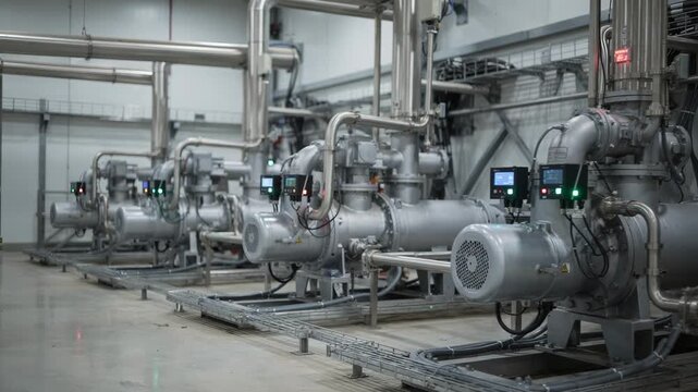 Medium shot of industrial pumps equipped with vibration and thermal sensors capturing realtime data flow for predictive maintenance in a clean organized facility.