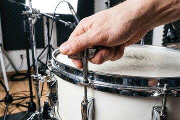 Obraz premium Musician hand using a metal drum key to tune the tension rods of a white snare drum
