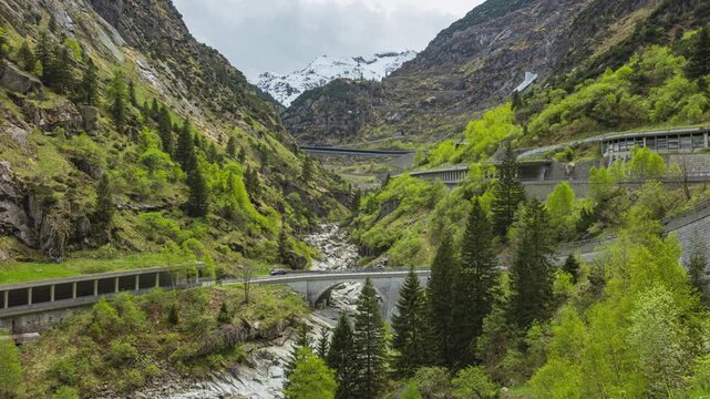 Time lapse, a narrow, steep-sided rocky gorge in the Swiss Alps,, historic Alpine road route to the St. Gotthard Pass. Schoellenen Gorge or Schoellenenschlucht, Canton of Uri, Switzerland.