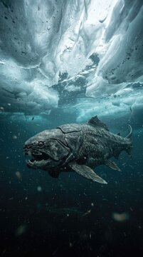 Snowball Earth period, a formidable prehistoric placoderm navigates frigid waters, Sturtian glaciation, Marinoan glaciation, primordial ocean, ancient life