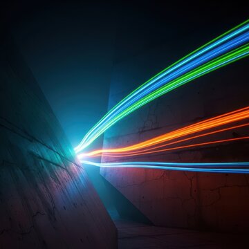 Dynamic light trails generated by rapid movement contrast sharply with static structures, illustrating the passage of swift and slow time, comparison, quick, light trails