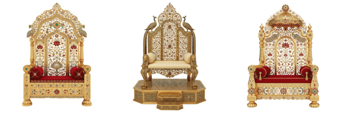Set of royal golden thrones with intricate marble inlay and peacock carvings, luxury majestic seats isolated on white background