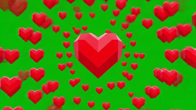 Vibrant red heart dynamically animates, splitting into particles, forming patterns, and reforming on a chroma key green screen. Digital animation for overlay concept