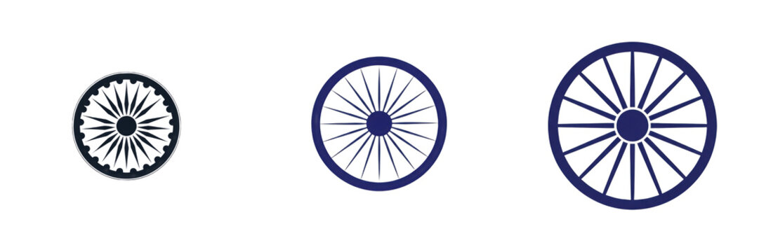 Set of Ashoka Chakra icons and blue wheel symbols, national emblem of India dharma chakra isolated on white background