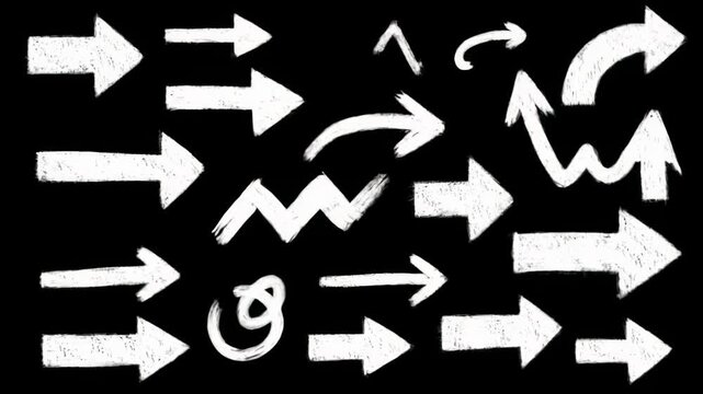 Animated white hand-drawn chalk/marker arrows drawing & erasing on black, featuring diverse styles, static wide video with deep focus, versatile graphic design concept