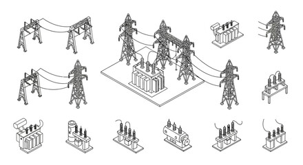 Obraz premium Isometric illustration of electrical power grid infrastructure and components